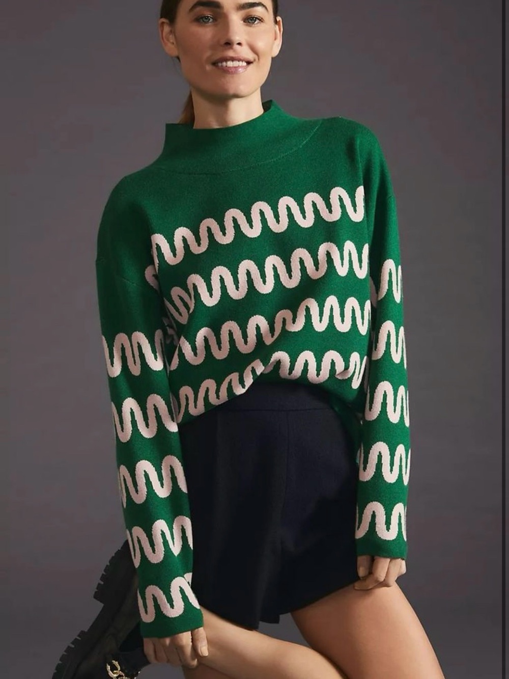 Anthropologie Maeve Green Wave-Pattern Mock Neck Sweater with Cream Accents - Picture 1 of 3